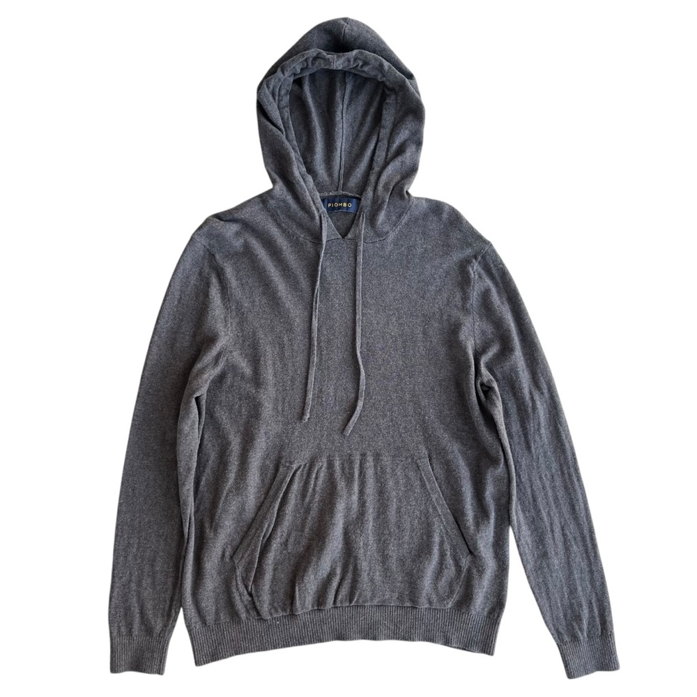 PIOMBO Men’s L Gray Cotton Silk Cashmere Bl., Contemporary Pullover Hood Sweater